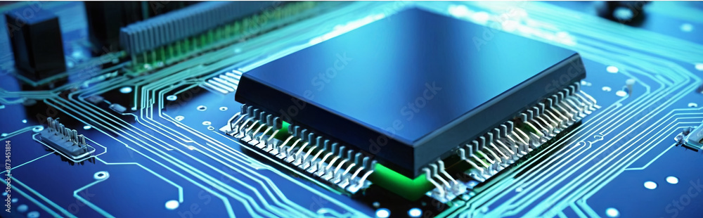 Poster A microprocessor chip is mounted on a circuit board, with intricate circuitry visible around the chip