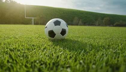 Fototapeta premium A soccer ball rests on a manicured green field, with a goal post and hillside in the background. The sun shines brightly, casting a warm glow over the scene