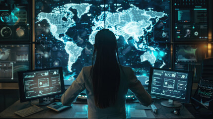 Woman Monitoring Global Data On Multiple Screens