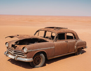 Obraz premium A rusted, vintage car sits abandoned in the sand dunes of the Namib Desert