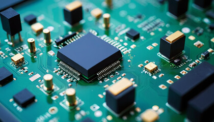 A close-up of a green circuit board, featuring a large integrated circuit chip in the center and smaller components surrounding it
