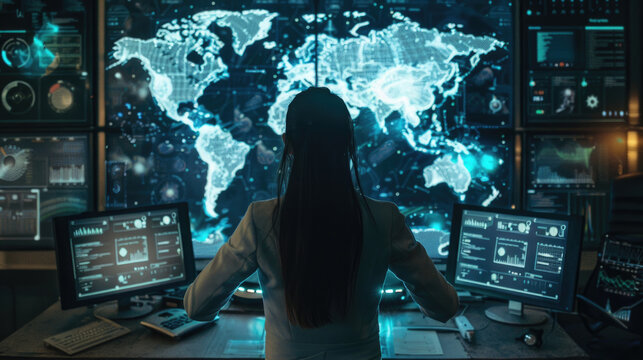 Woman Monitoring Global Data On Multiple Screens