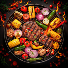 A close up of steaks cooking on a bbq grill with blazing fire flame at a Summer Barbecue