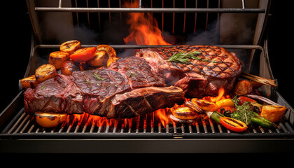 A close up of steaks cooking on a bbq grill with blazing fire flame at a Summer Barbecue