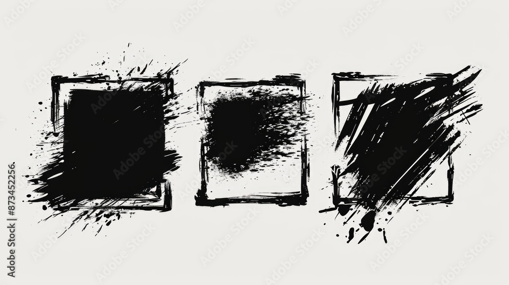 Poster three black and white frames with splatters of paint. the frames are all different sizes and shapes