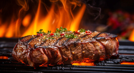 A close up of steaks cooking on a bbq grill with blazing fire flame at a Summer Barbecue