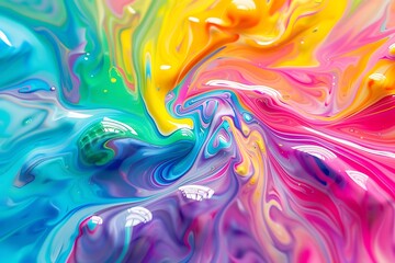 A dynamic canvas flooded with vibrant, swirling colors, where bursts of liquid joy create an explosion of hues, forming an abstract wonderland.