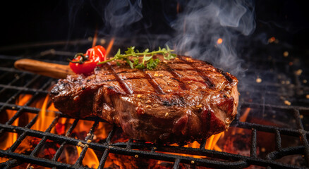 A close up of steaks cooking on a bbq grill with blazing fire flame at a Summer Barbecue