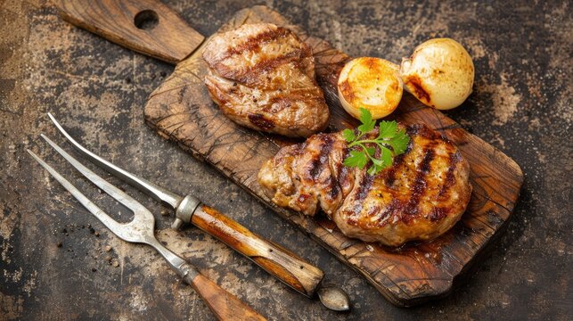 Two grilled steaks and roasted onions are arranged on a wooden cutting board with a carving fork and knife nearby