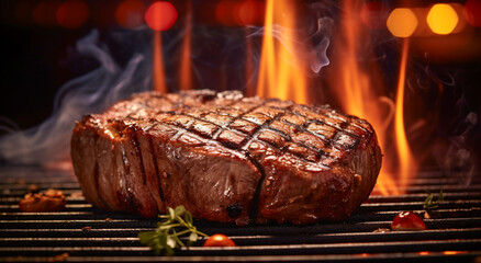 A close up of steaks cooking on a bbq grill with blazing fire flame at a Summer Barbecue