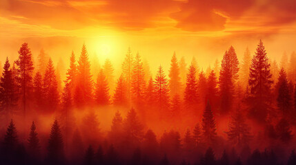 Obraz premium Breathtaking View of a Misty Forest Bathed in the Warm Golden Light of the Setting Sun, Evoking Peace and Serenity