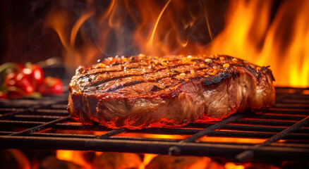 A close up of steaks cooking on a bbq grill with blazing fire flame at a Summer Barbecue