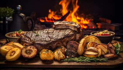 A close up of steaks cooking on a bbq grill with blazing fire flame at a Summer Barbecue