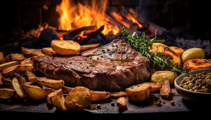 A close up of steaks cooking on a bbq grill with blazing fire flame at a Summer Barbecue