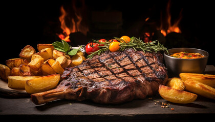 A close up of steaks cooking on a bbq grill with blazing fire flame at a Summer Barbecue
