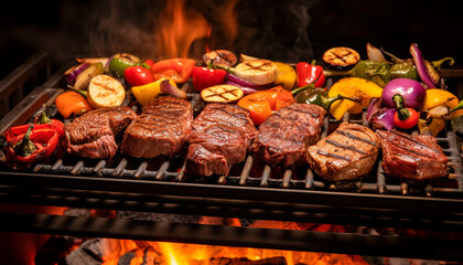 A close up of steaks cooking on a bbq grill with blazing fire flame at a Summer Barbecue