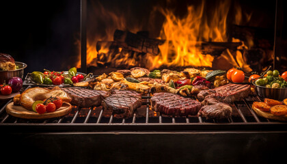 A close up of steaks cooking on a bbq grill with blazing fire flame at a Summer Barbecue