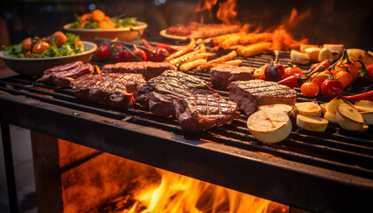A close up of steaks cooking on a bbq grill with blazing fire flame at a Summer Barbecue