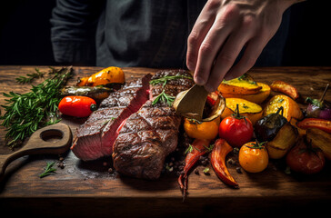A close up of steaks cooking on a bbq grill with blazing fire flame at a Summer Barbecue