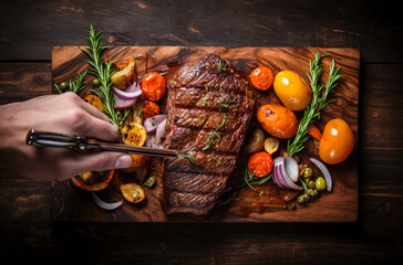A close up of steaks cooking on a bbq grill with blazing fire flame at a Summer Barbecue