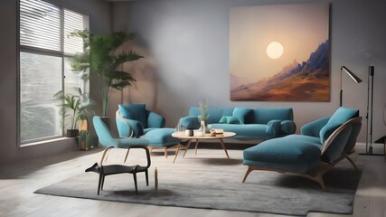 living room interior with blue sofa, couch and armchair