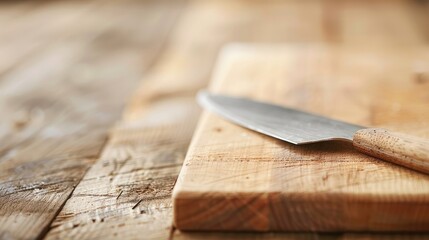 A wooden cutting board and a silver knife with a wooden handle rest on a rustic wooden tabletop