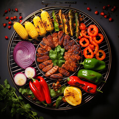 A close up of steaks cooking on a bbq grill with blazing fire flame at a Summer Barbecue