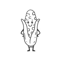 Cute corn, cartoon character. Vegetable, outline illustration. Corn in doodle style. Food illustration for kids. Coloring book.