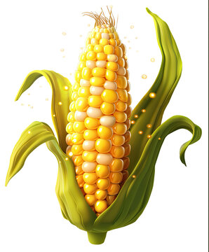 Ilustraci&oacute;n estilo 3D de mazorca de ma&iacute;z amarillo con fondo transparente. 