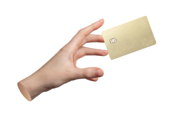 Hand reaching, taking, grabbing, catching gold bank credit debit card mockup levitating isolated on white background., transparent PNG