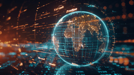 Fototapeta premium Hologram of a globe with changing numbers, maps, and loading circles. It shows the development of globalization, technology, and growth.