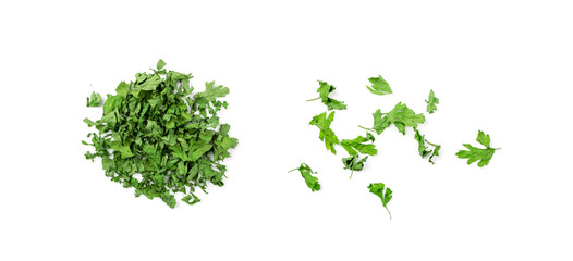 Dry parsley pile isolated. Crushed cilantro leaves heap, dried garden parsley, chervil flakes, corriender pileces