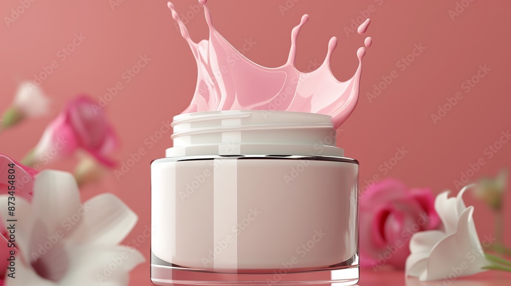 Poster a jar of cream with a pink swirl on top. the jar is on a table with flowers in the background