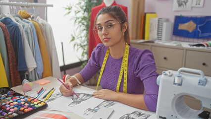 A focused woman sketches designs in a vibrant dressmaking studio, embodying creativity and...