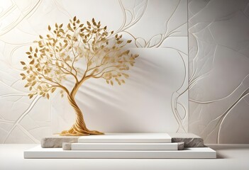 A professional podium for product presentation, highlighted by a beautiful golden wire flowers tree design side and a striking \ stone wall and summer season , grass and water float as the backdrop.