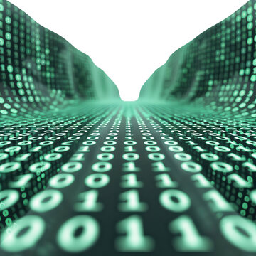 Abstract green digital binary code landscape representing data flow and technology for coding or cyber security concepts.