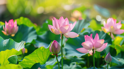Fototapeta premium Pink lotus on green leaves makes a beautiful photo for a card, decoration, or illustration.