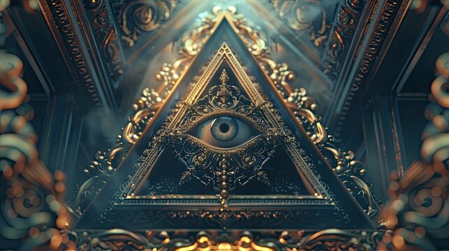A gold and blue triangle with an eye in the middle
