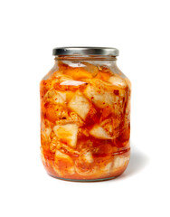 Kimchee in a glass jar isolated. Spicy kim chi, hot fermented napa cabbage, jimchi, korean gimchi