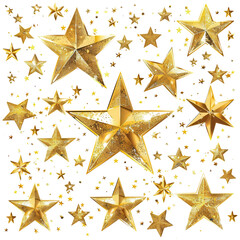 Obraz premium Golden stars of various sizes scattered, ideal for festive, celebratory, or decorative designs on a transparent background.