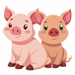 Two cute pigs sitting next to each other, smiling and happy, on a white background: vector illustration for children's books and cards
