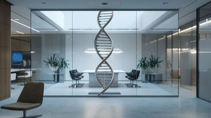 Virtual representation of the DNA symbol displayed in an empty office space. This image conveys the concept of genome research.