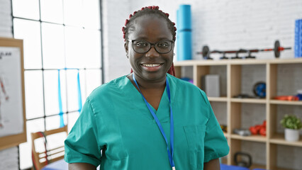 Smiling african woman with braids wearing glasses and scrubs posing in a physiotherapy clinic...