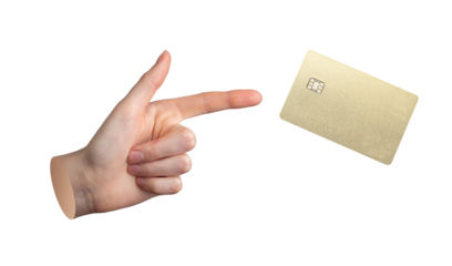 Hand, finger pointing, advertising golden bank credit card mock up levitating isolated on white background., transparent PNG