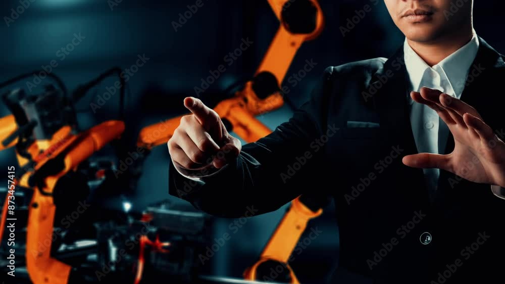 Poster mlp engineer use cybernated robotic software to control industry robot arm in factory. automation ma