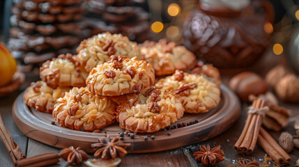 Fototapeta premium The national cuisine of Turkey. Turkish cream cookies with nuts and spices.