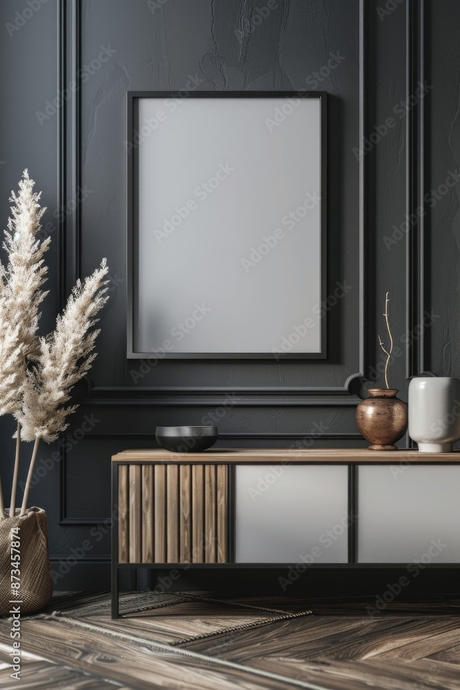 Poster a black and white room with a wooden table and a mirror. the mirror is empty and the table has a bow