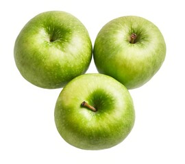 Three fresh green apples isolated on a white background, exemplifying healthy eating and organic produce.