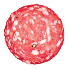 Close-up view of a thinly sliced piece of salami isolated on a white background, highlighting its vibrant pink and fat marbling.
