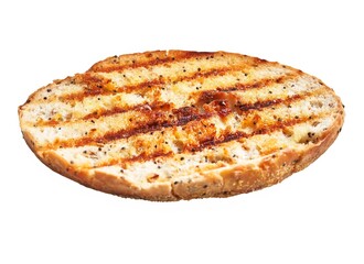 Fototapeta premium Grilled rustic bread slice isolated on white background with visible grill marks and crumbs.